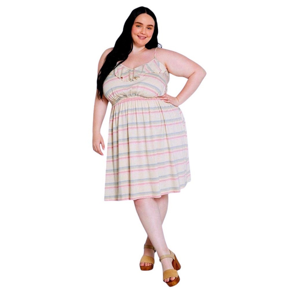 ModCloth NEW Striped Organic Cotton Dress Ruffle Pastel Pink Cream Plus Size‎ 3X